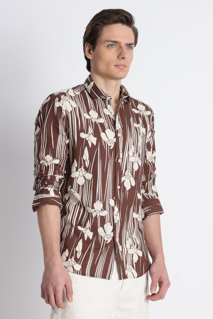 Abstract Block Print Casual Shirt Brown