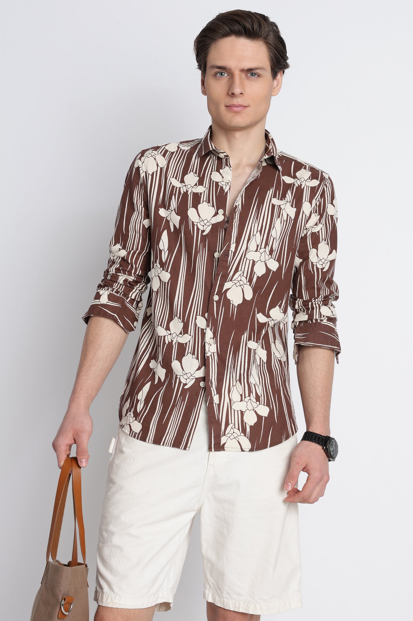 Abstract Block Print Casual Shirt Brown