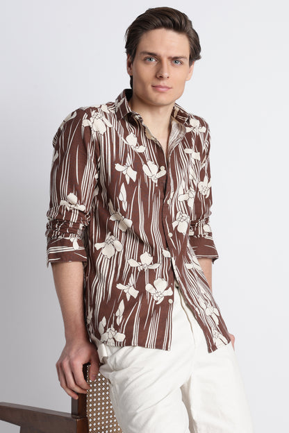Abstract Block Print Casual Shirt Brown