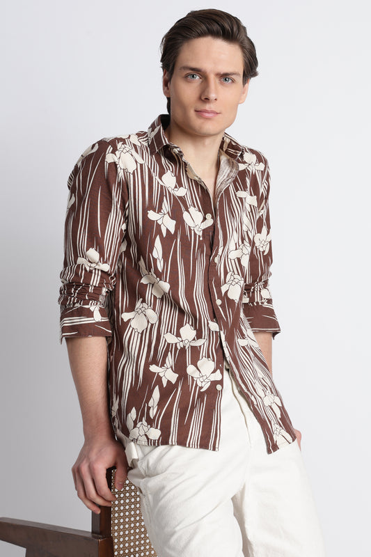 Abstract Block Print Casual Shirt Brown