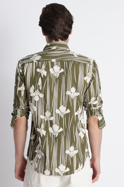 Abstract Block Print Casual Shirt Olive