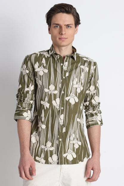 Abstract Block Print Casual Shirt Olive
