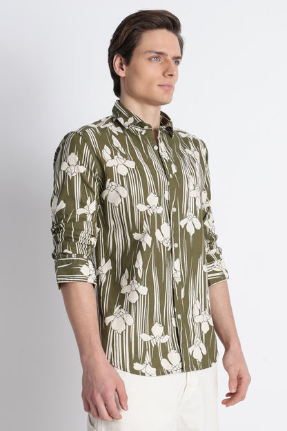 Abstract Block Print Casual Shirt Olive