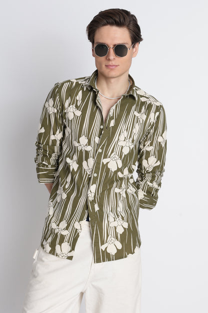 Abstract Block Print Casual Shirt Olive