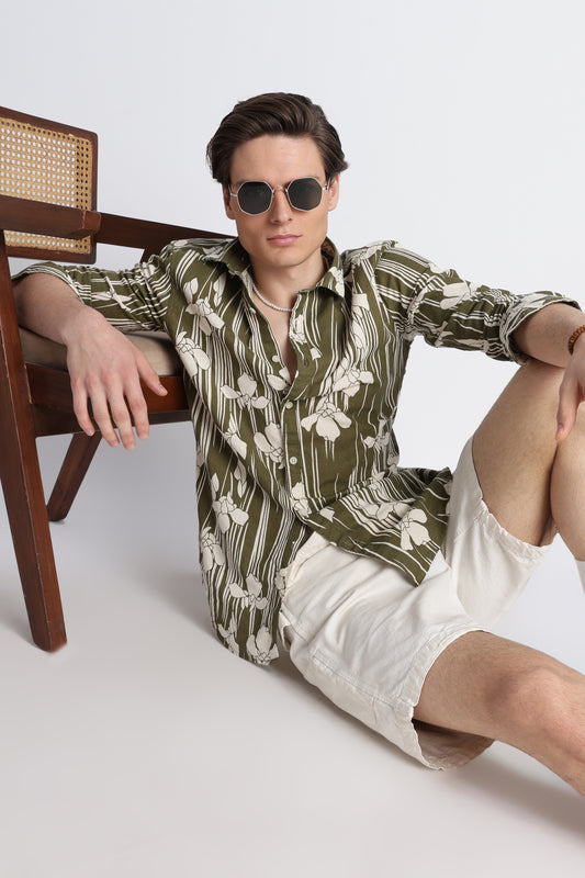 Abstract Block Print Casual Shirt Olive
