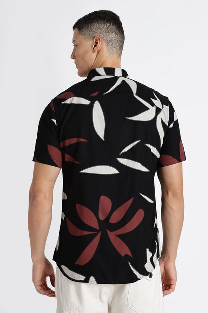 Stylish Floral Printed Rayon Shirt Black Brown