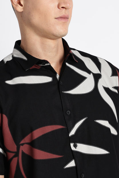 Stylish Floral Printed Rayon Shirt Black Brown