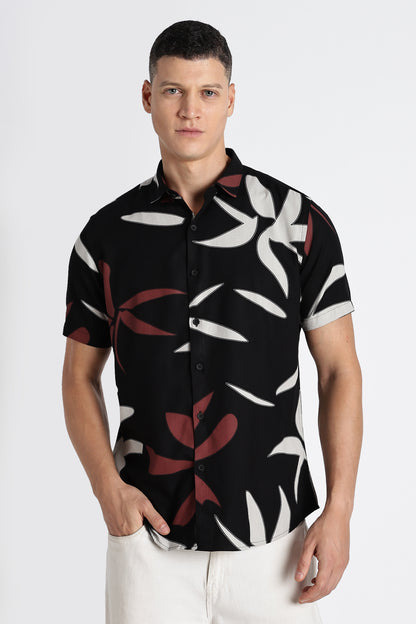 Stylish Floral Printed Rayon Shirt Black Brown