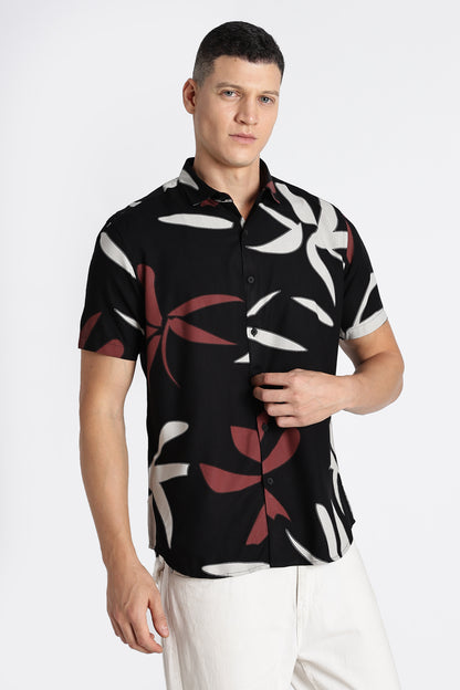 Stylish Floral Printed Rayon Shirt Black Brown