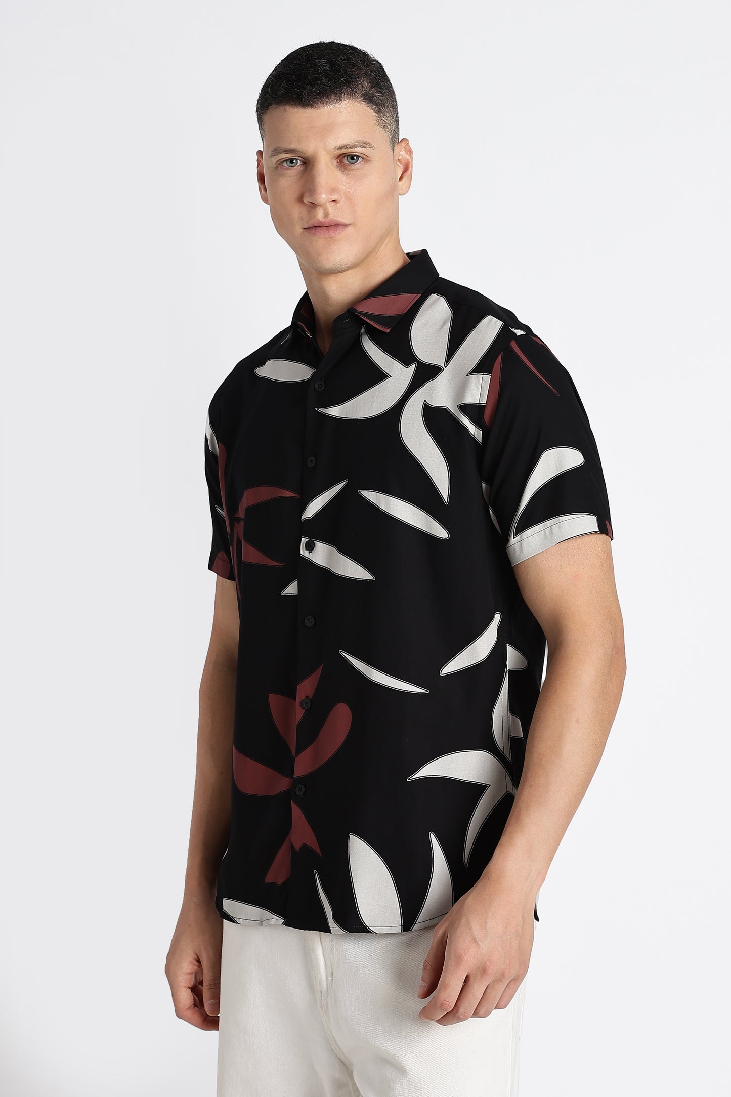 Stylish Floral Printed Rayon Shirt Black Brown