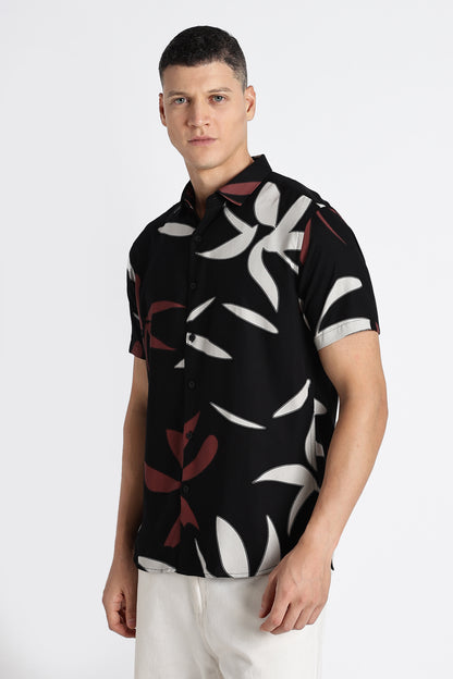 Stylish Floral Printed Rayon Shirt Black Brown