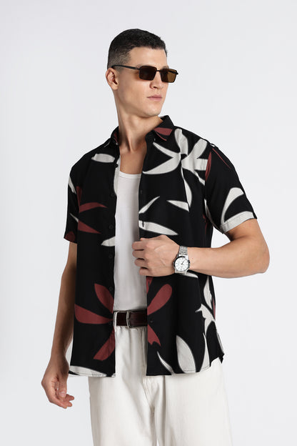 Stylish Floral Printed Rayon Shirt Black Brown
