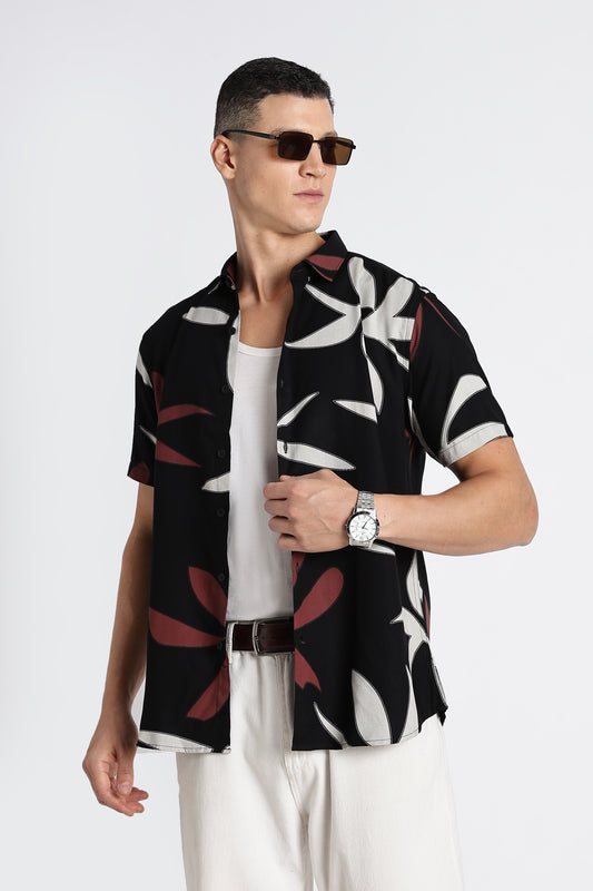 Stylish Floral Printed Rayon Shirt Black Brown