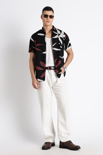 Stylish Floral Printed Rayon Shirt Black Brown