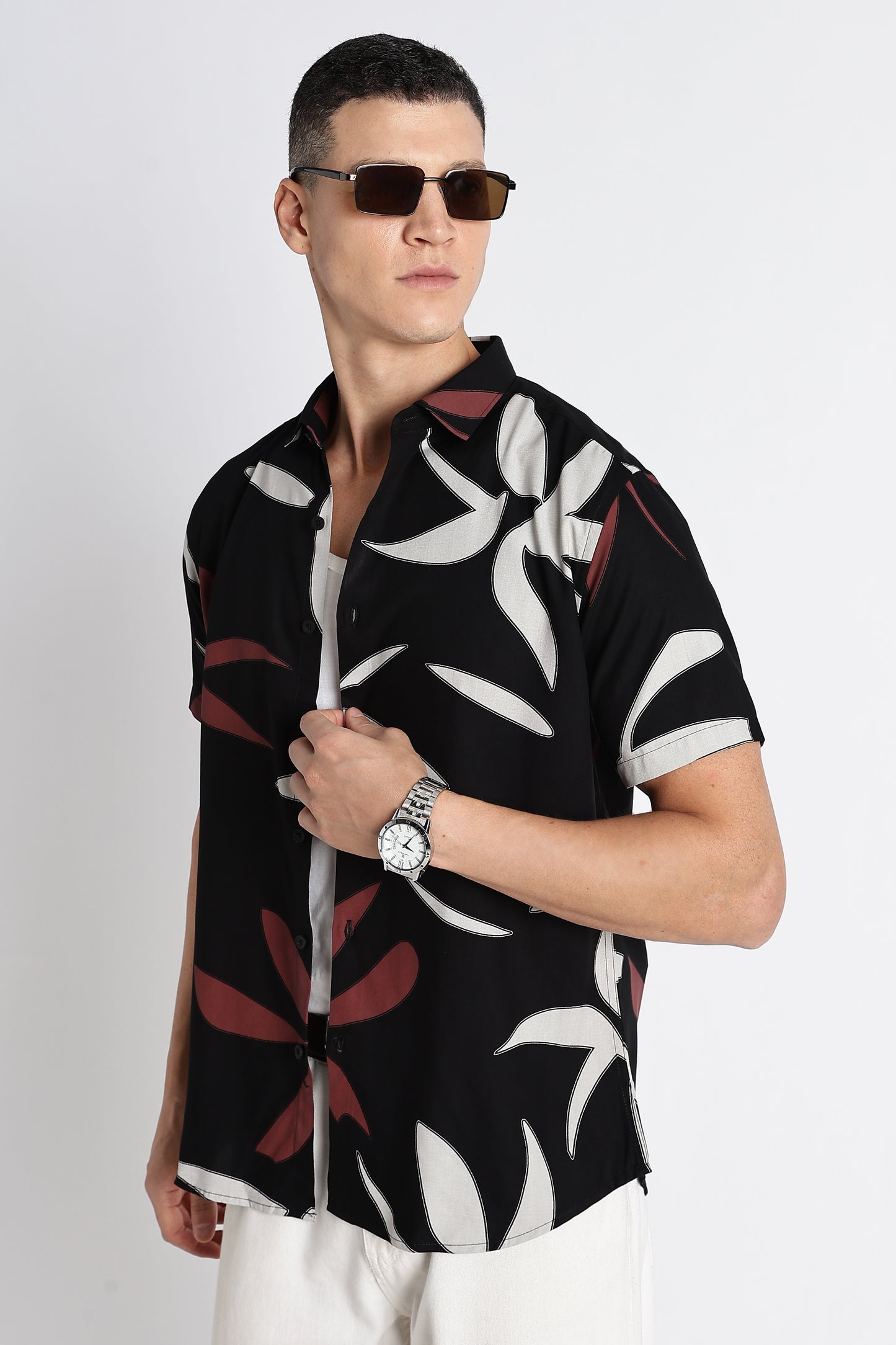 Stylish Floral Printed Rayon Shirt Black Brown