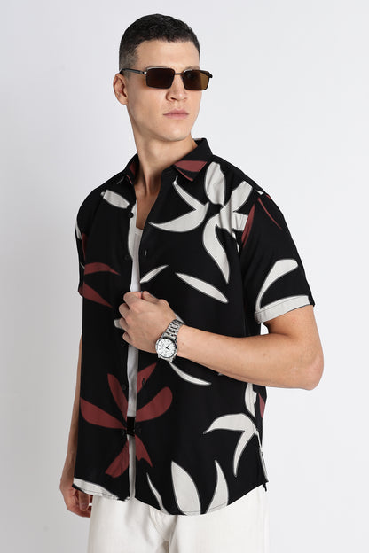 Stylish Floral Printed Rayon Shirt Black Brown