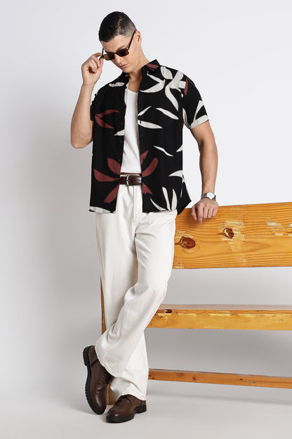 Stylish Floral Printed Rayon Shirt Black Brown