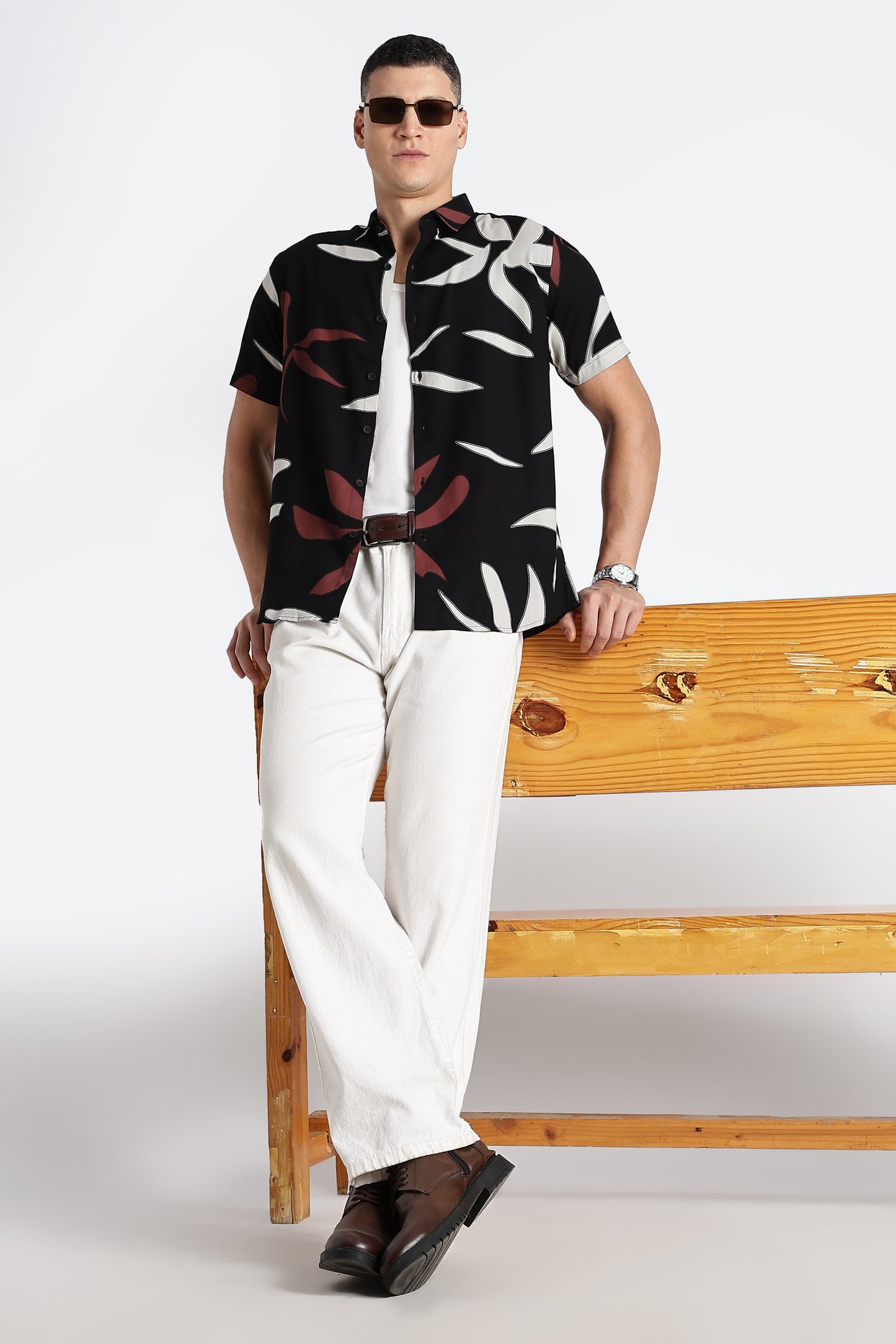 Stylish Floral Printed Rayon Shirt Black Brown