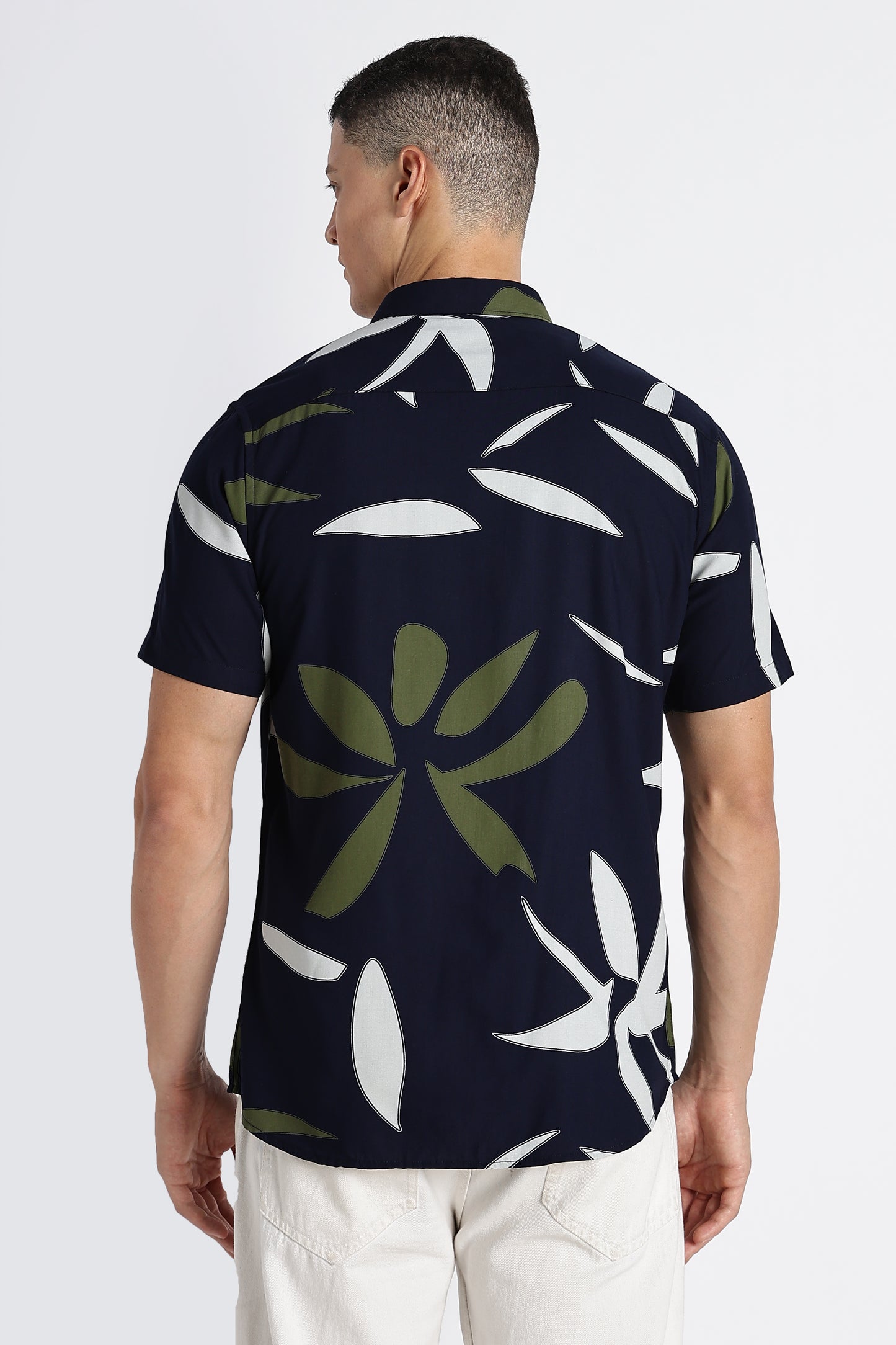 Stylish Floral Printed Rayon Shirt Navy Green