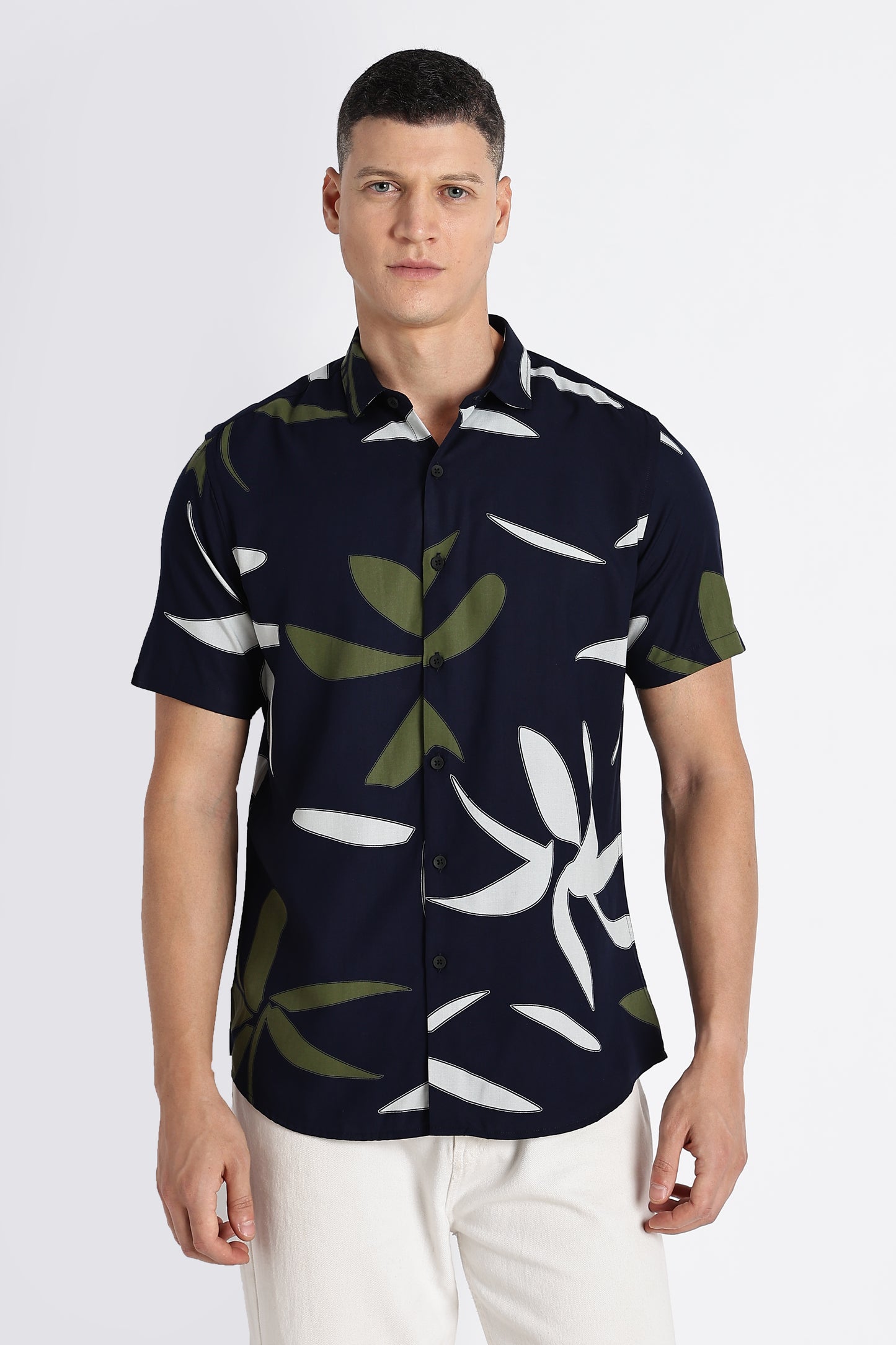 Stylish Floral Printed Rayon Shirt Navy Green