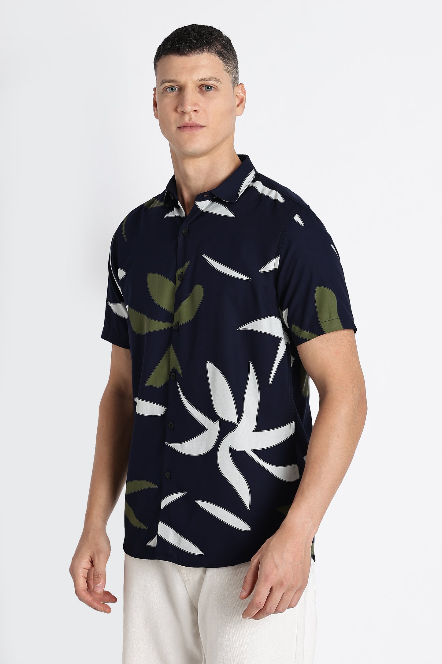 Stylish Floral Printed Rayon Shirt Navy Green