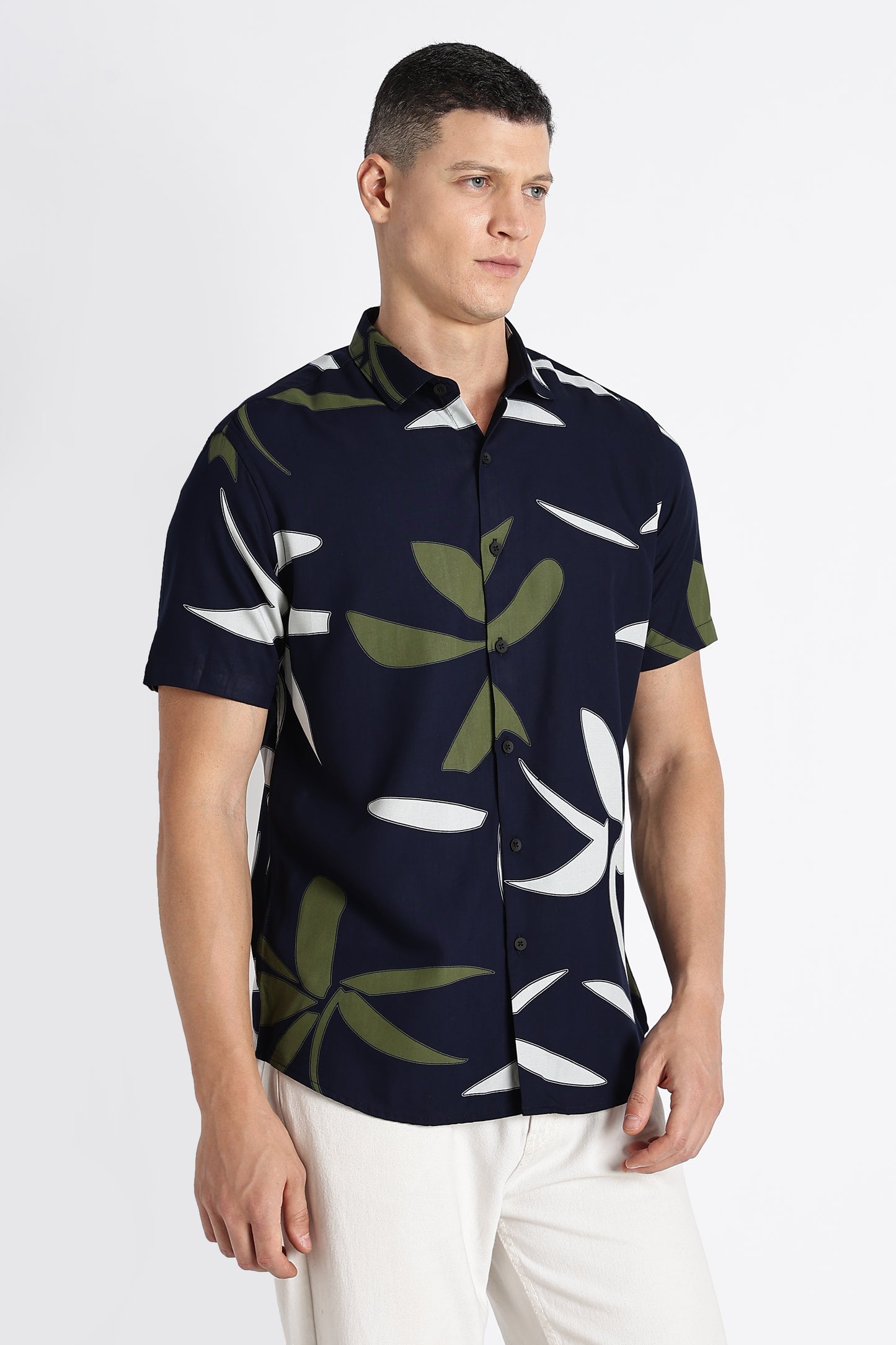 Stylish Floral Printed Rayon Shirt Navy Green