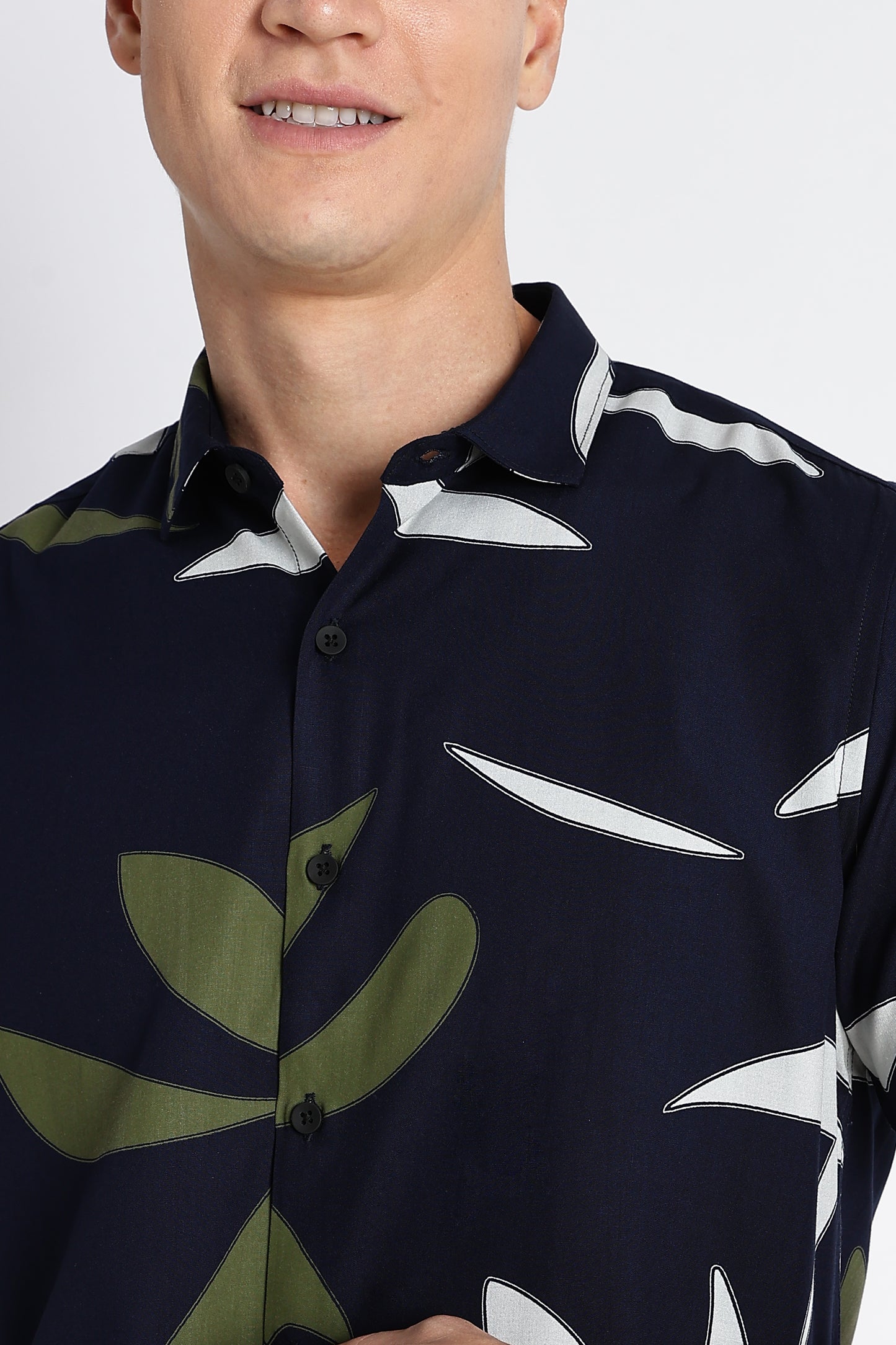 Stylish Floral Printed Rayon Shirt Navy Green