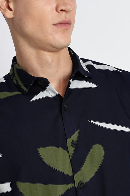 Stylish Floral Printed Rayon Shirt Navy Green