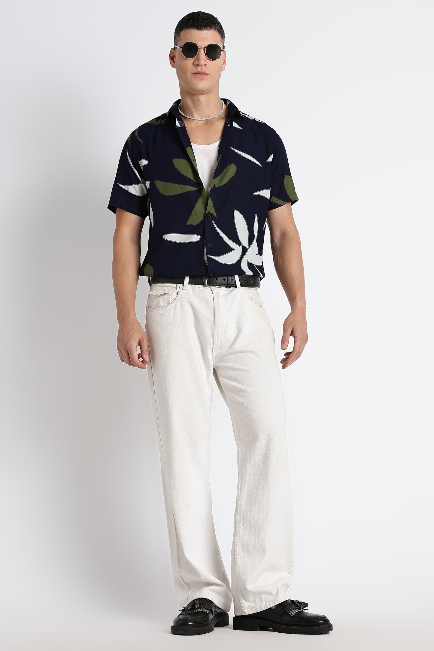 Stylish Floral Printed Rayon Shirt Navy Green