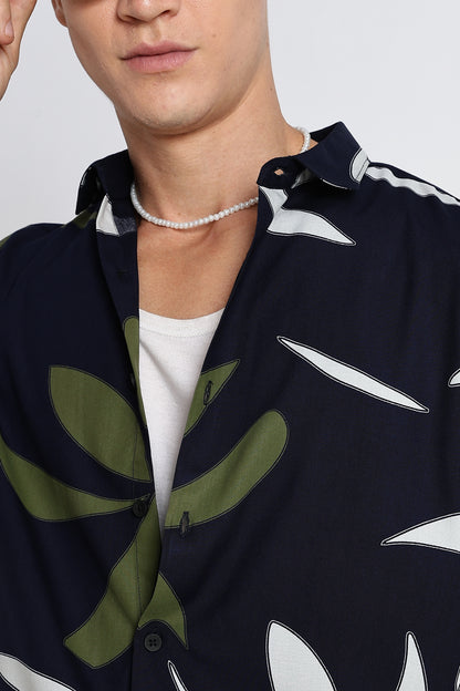 Stylish Floral Printed Rayon Shirt Navy Green