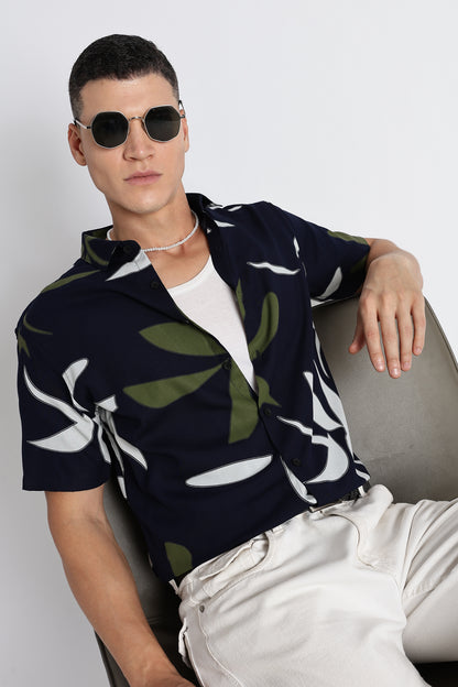 Stylish Floral Printed Rayon Shirt Navy Green