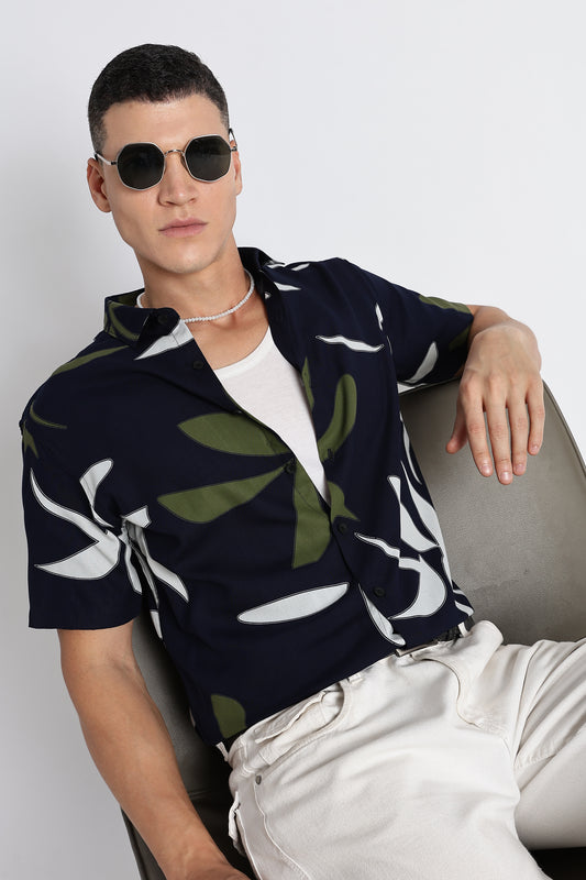 Stylish Floral Printed Rayon Shirt Navy Green