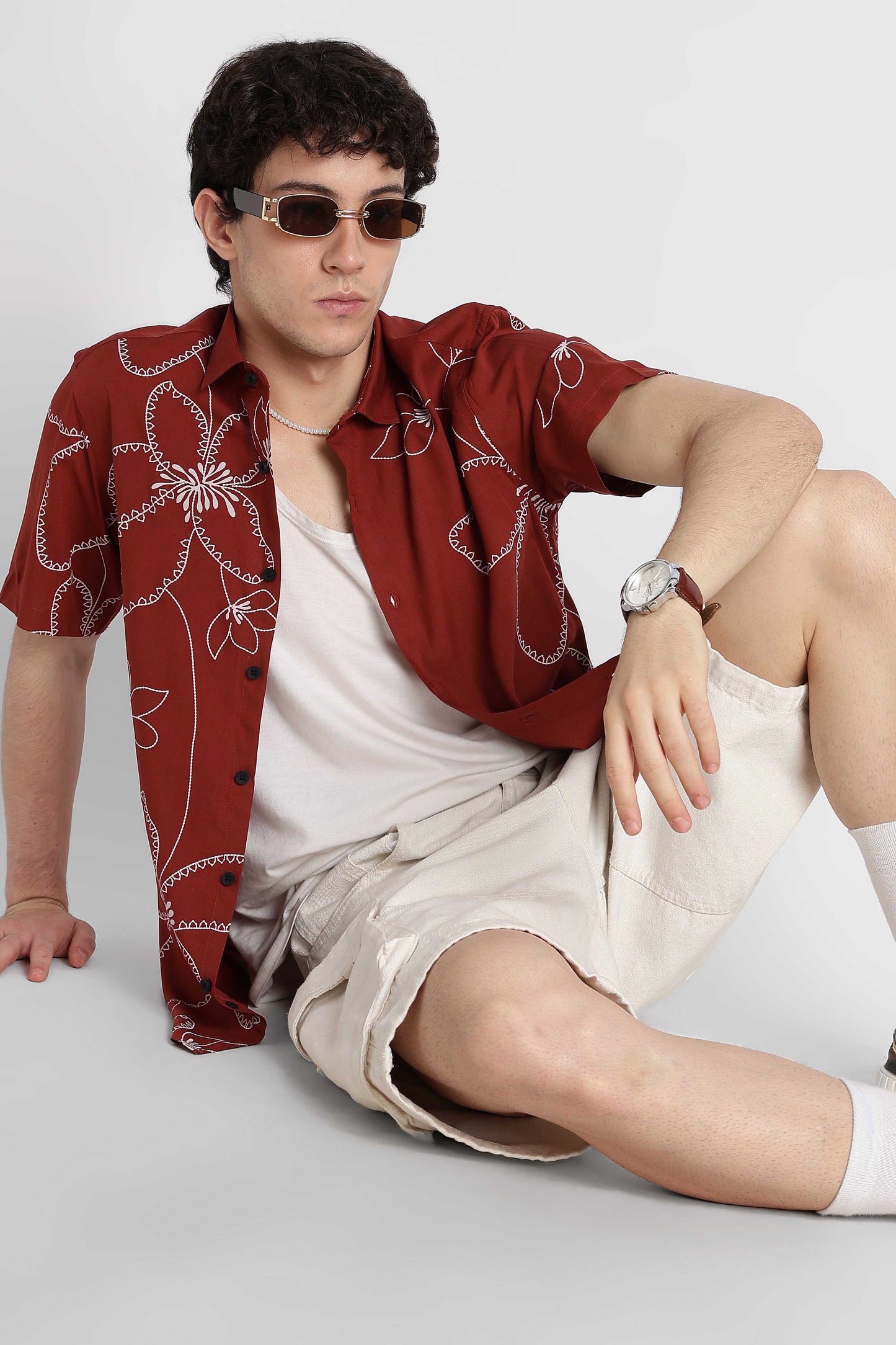 Stylish Floral Printed Rayon Shirt Brown