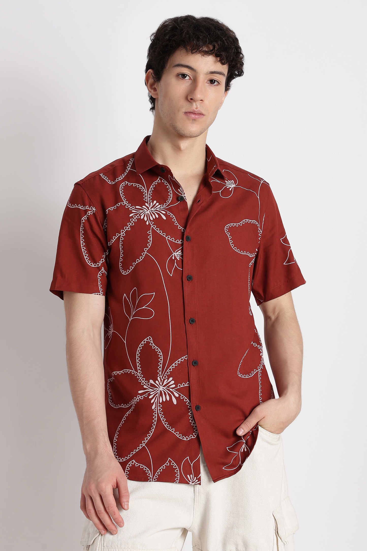Stylish Floral Printed Rayon Shirt Brown