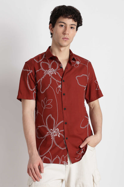 Stylish Floral Printed Rayon Shirt Brown