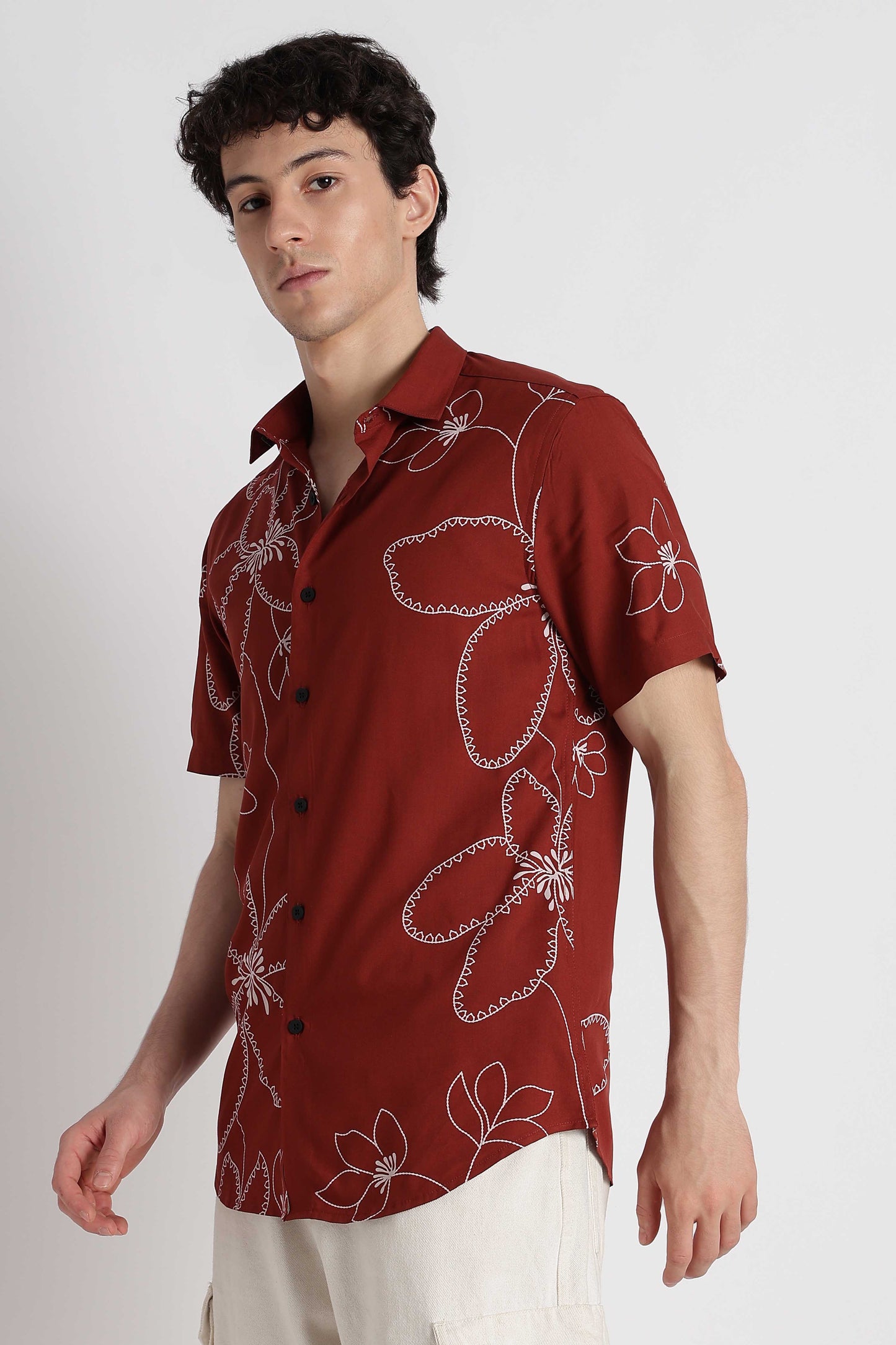 Stylish Floral Printed Rayon Shirt Brown