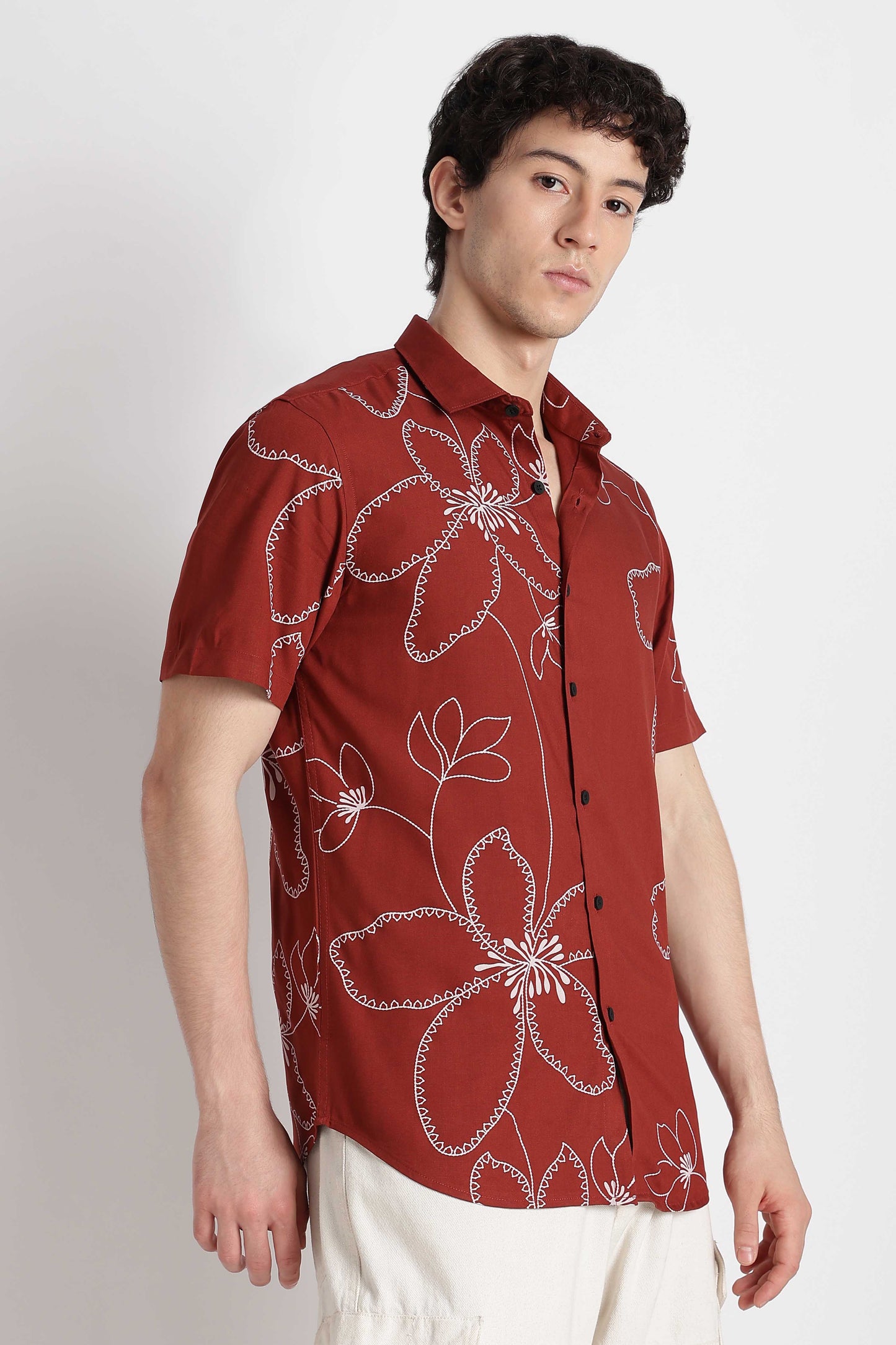Stylish Floral Printed Rayon Shirt Brown