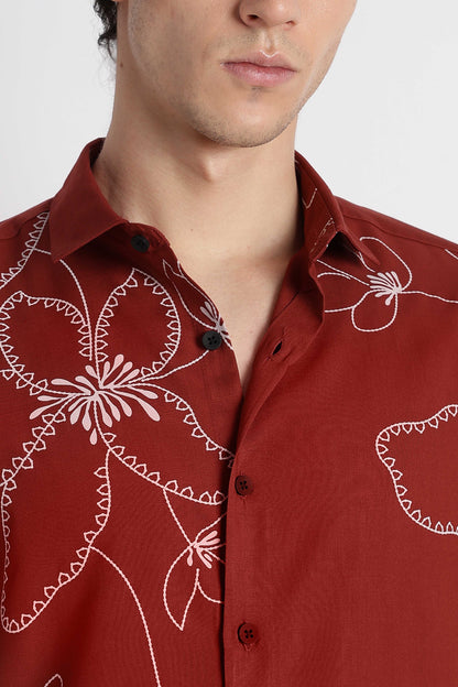 Stylish Floral Printed Rayon Shirt Brown