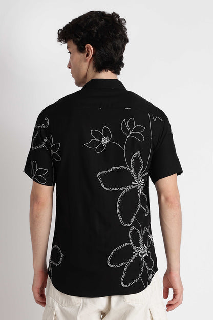 Stylish Floral Printed Rayon Shirt Black White