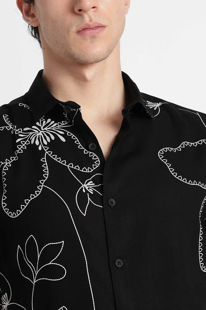 Stylish Floral Printed Rayon Shirt Black White