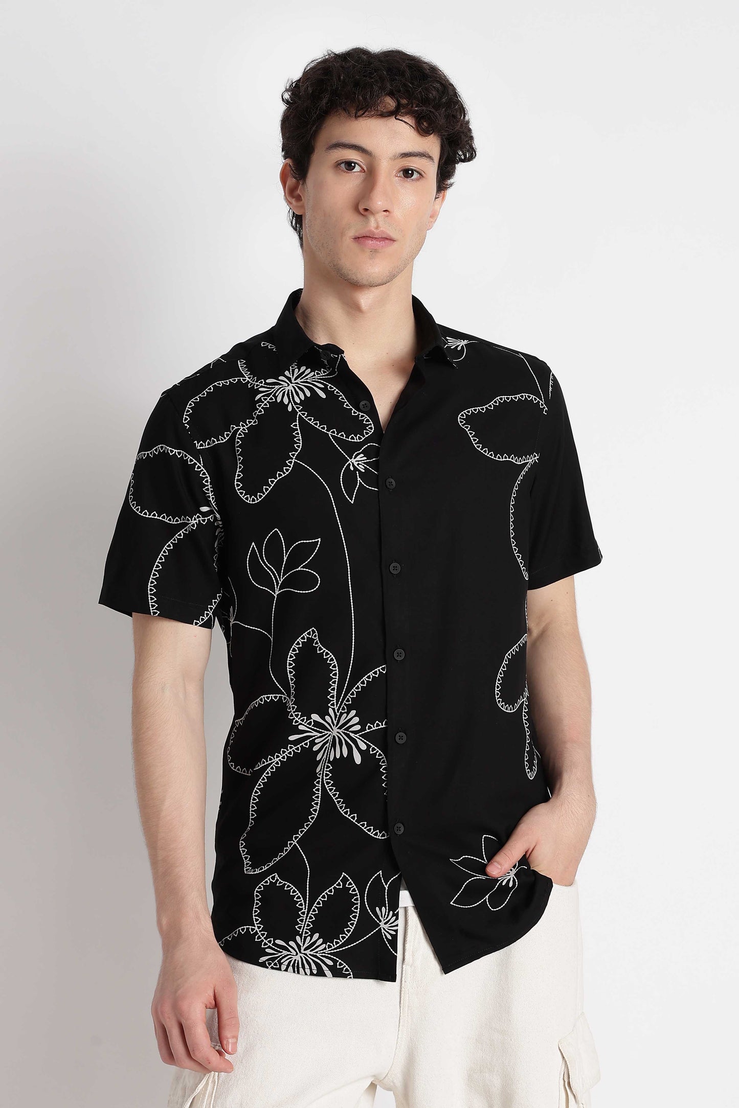 Stylish Floral Printed Rayon Shirt Black White