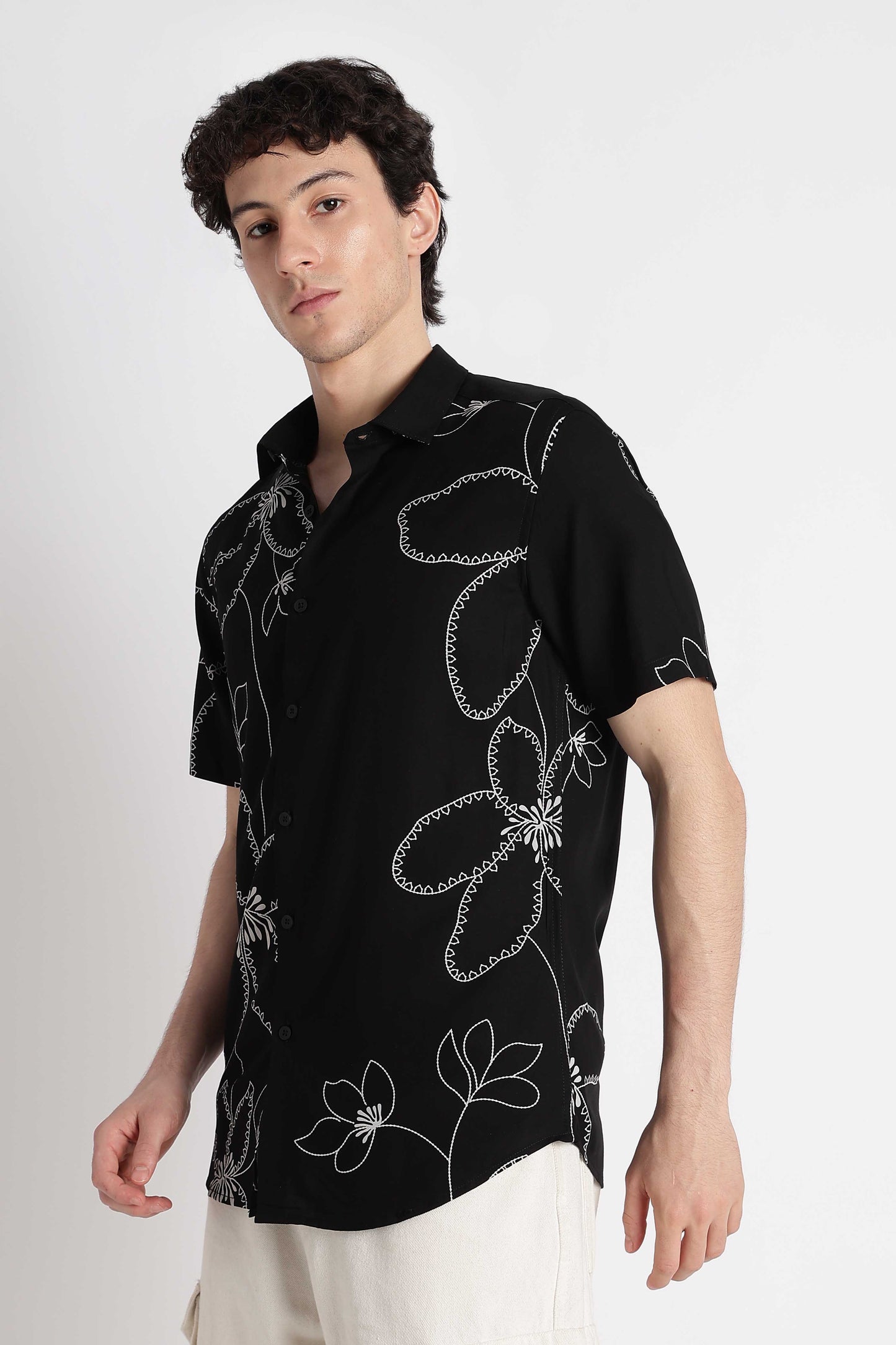 Stylish Floral Printed Rayon Shirt Black White