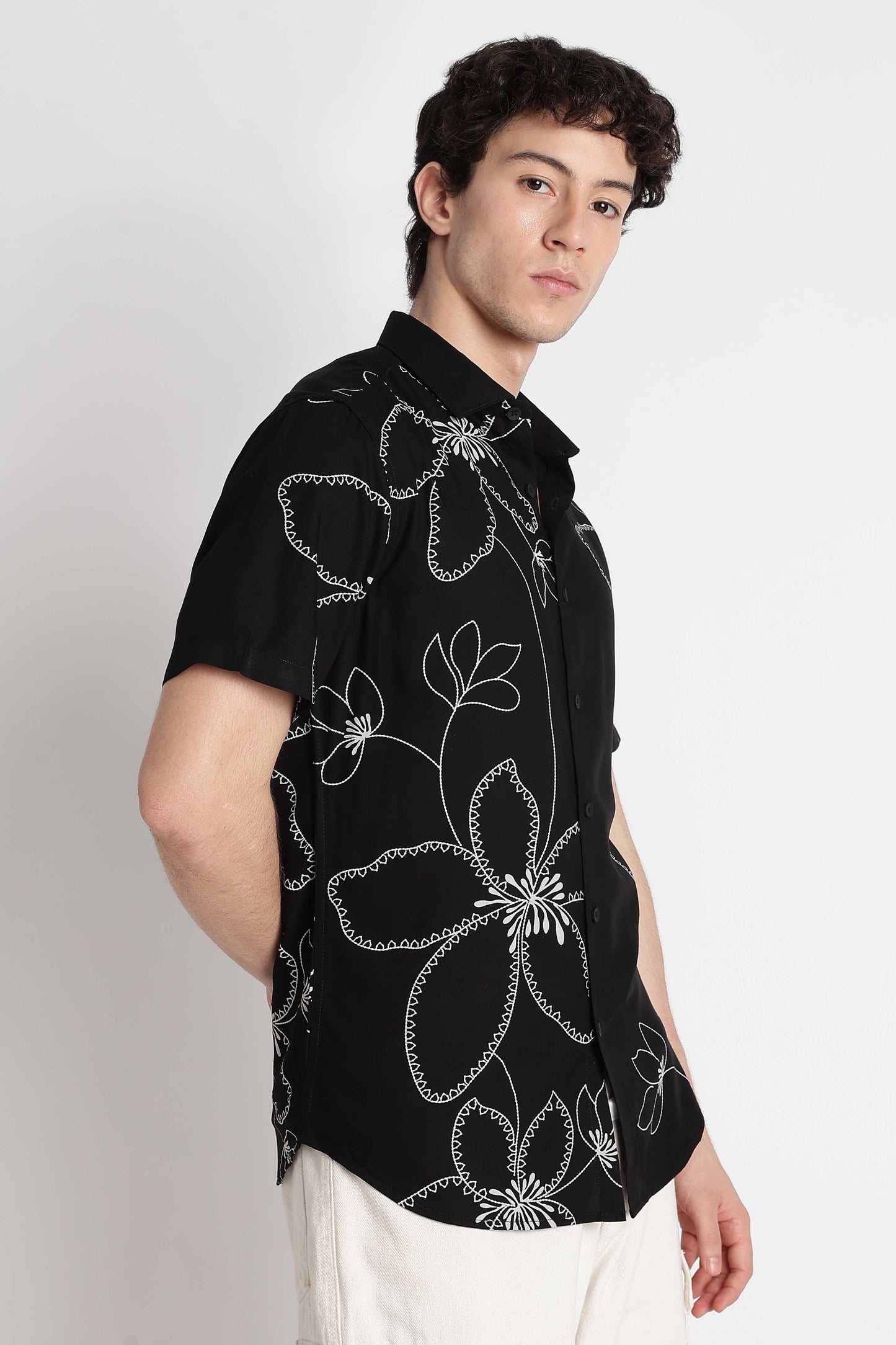 Stylish Floral Printed Rayon Shirt Black White