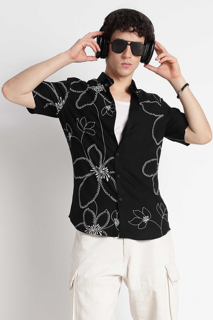 Stylish Floral Printed Rayon Shirt Black White