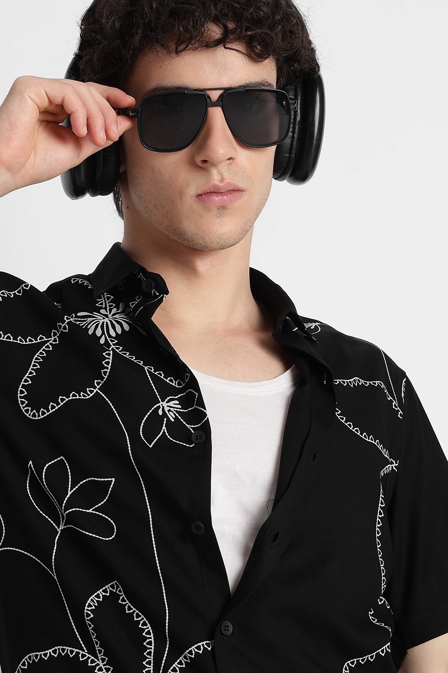 Stylish Floral Printed Rayon Shirt Black White