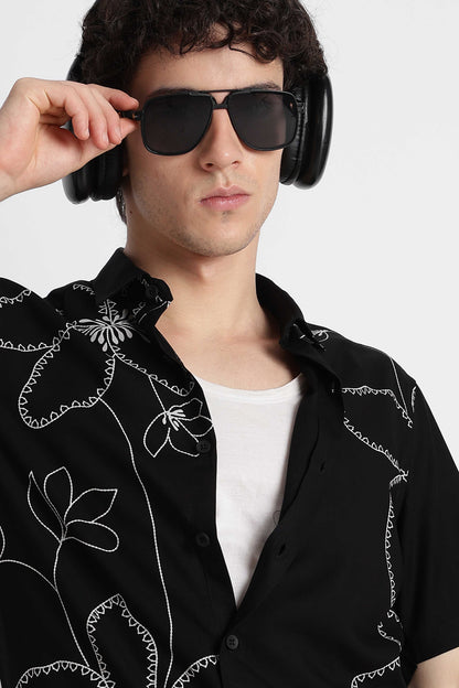 Stylish Floral Printed Rayon Shirt Black White