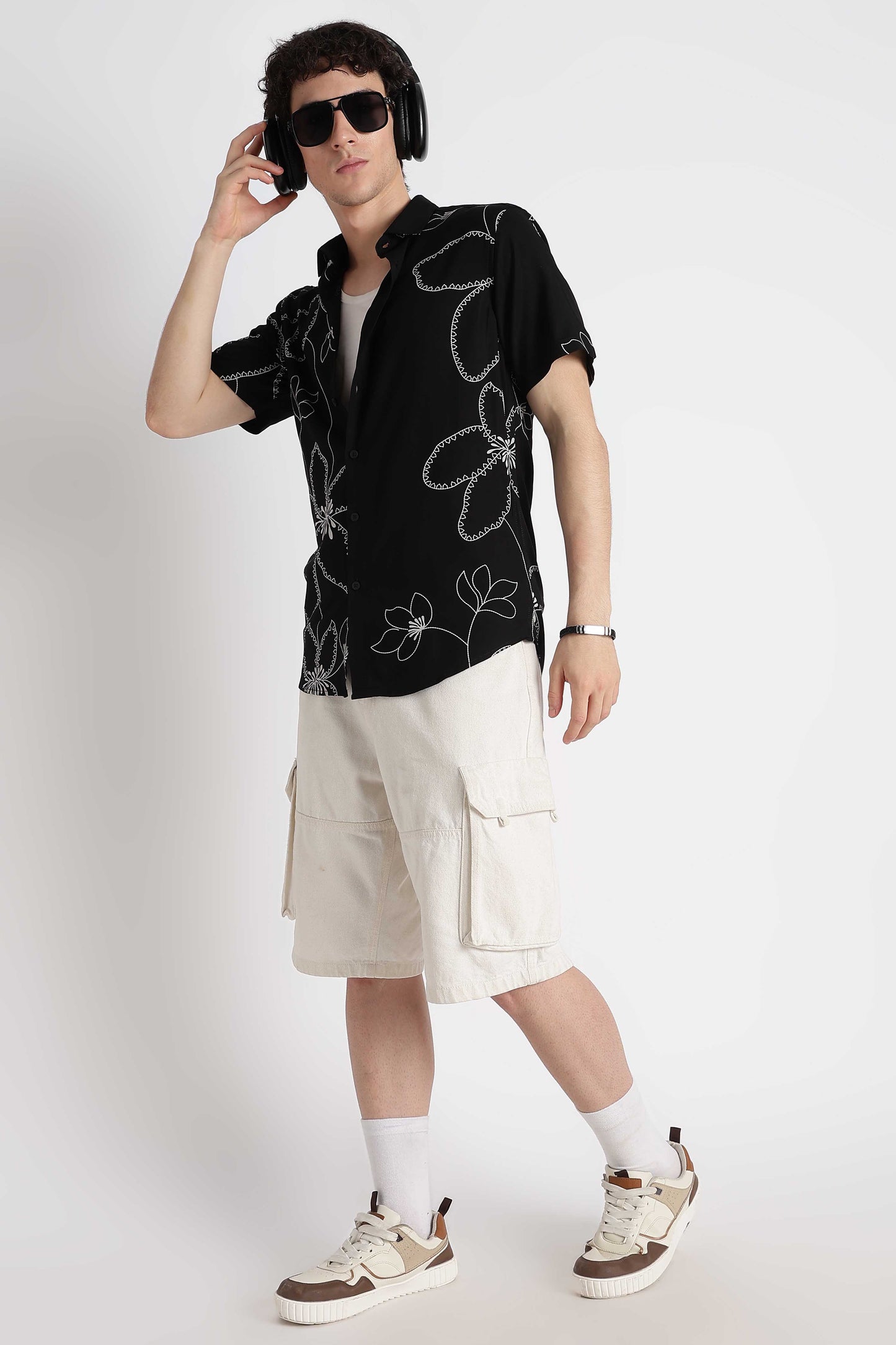 Stylish Floral Printed Rayon Shirt Black White