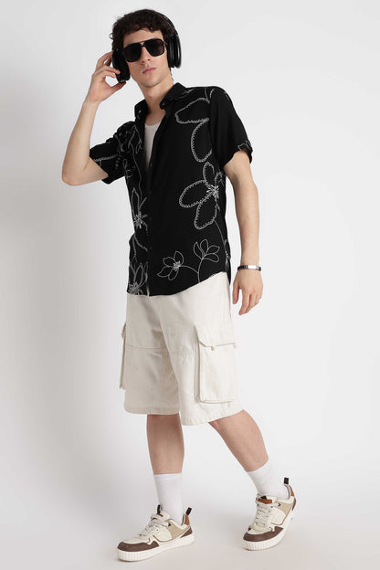 Stylish Floral Printed Rayon Shirt Black White