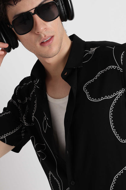 Stylish Floral Printed Rayon Shirt Black White