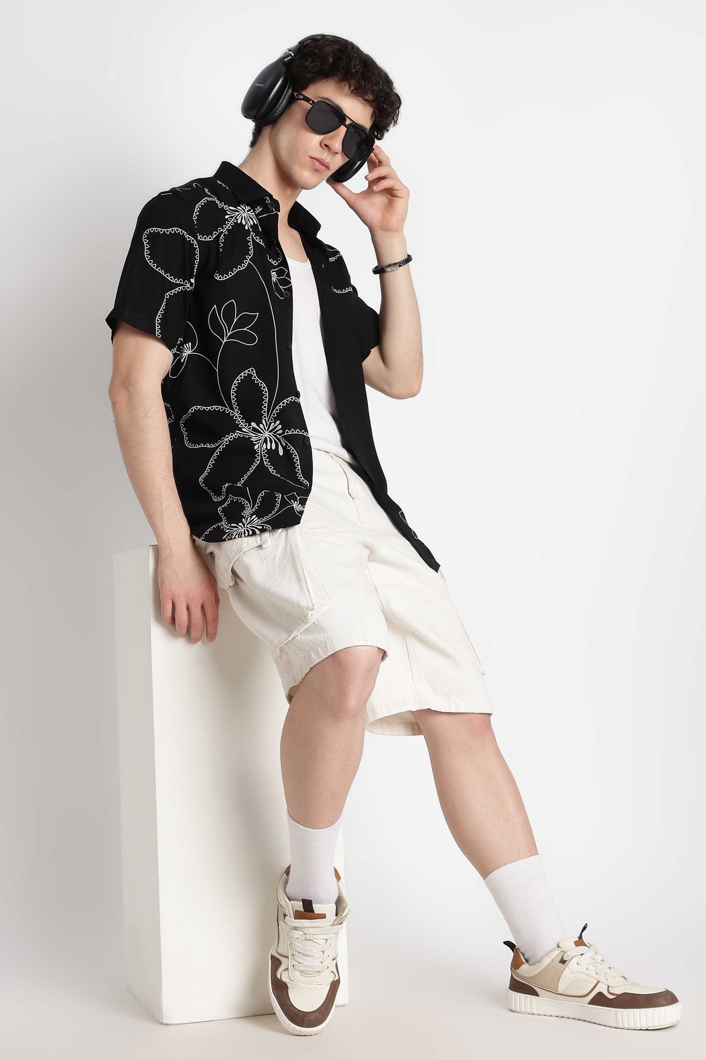 Stylish Floral Printed Rayon Shirt Black White